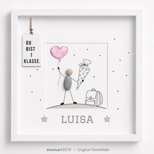 Kieselsteinbild Du bist 1. Klasse – Geschenk zur Einschulung mit Namen, handgemachtes Steinbild