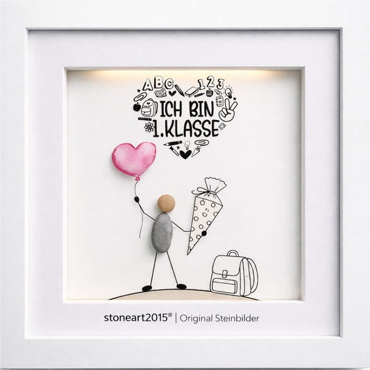 Kieselsteinbild Ich bin 1. Klasse Wortwolke – Geschenk zur Einschulung, handgemachtes Steinbild