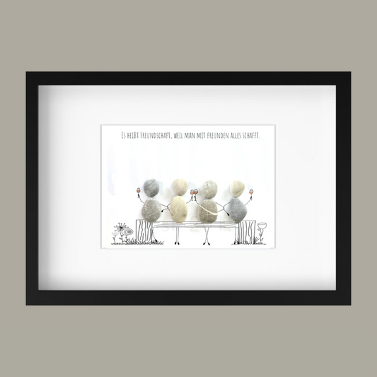 Steinbild mit Spruch Es heißt Freundschaft, weil man mit Freunden alles schafft – Geschenk für Freunde und Verbundenheit