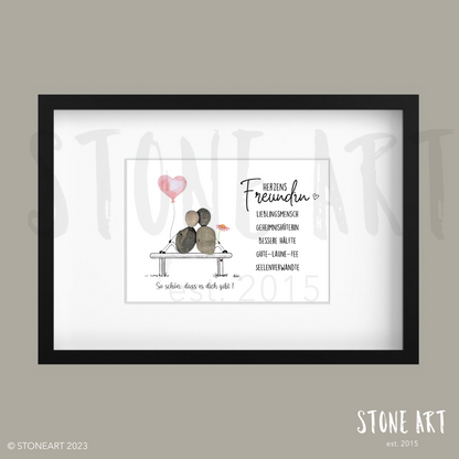 Handgefertigtes Steinbild mit Spruch 'Herzensfreundin' im schwarzen Rahmen