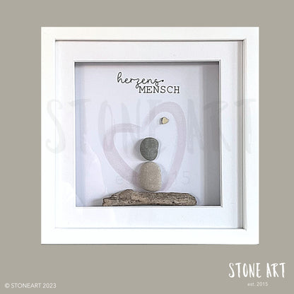 Handgefertigtes Steinbild mit Spruch 'Herzensmensch' im Herzrahmen