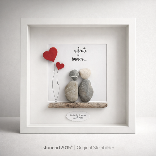 Personalisiertes Steinbild Hochzeit mit Namen und Datum . Text „ab heute für immer“
