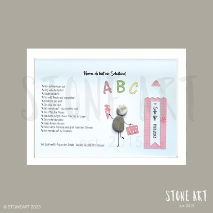 Steinbild Hurra endlich ein Schulkind Geschenk zur Einschulung handgemacht personalisierbar