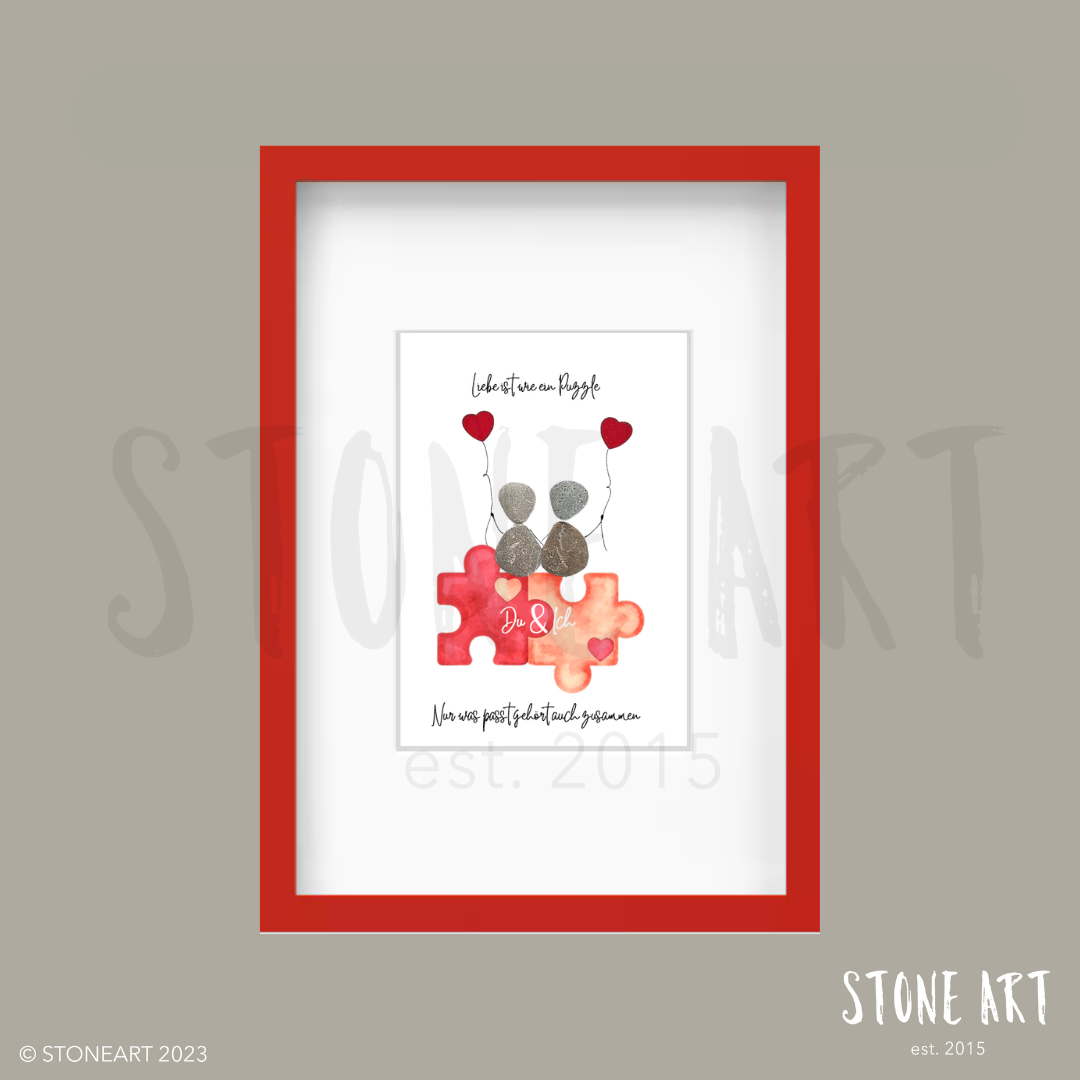Handgemachtes Steinbild mit dem Spruch „Liebe ist wie ein Puzzle“ – symbolisches Geschenk für Paare, Partner:innen oder zur Hochzeit.