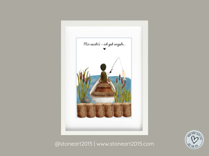 Handgemachtes Steinbild mit dem Spruch Mir reicht’s, ich geh angeln – humorvolles Geschenk für Angler