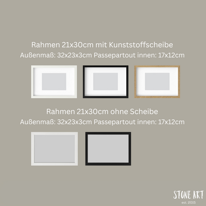Größenübersicht verschiedener Bilderrahmen für Steinbilder