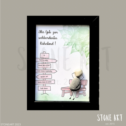 Handgemachtes Steinbild mit Spruch zum Ruhestand – persönliches Abschiedsgeschenk aus Naturstein