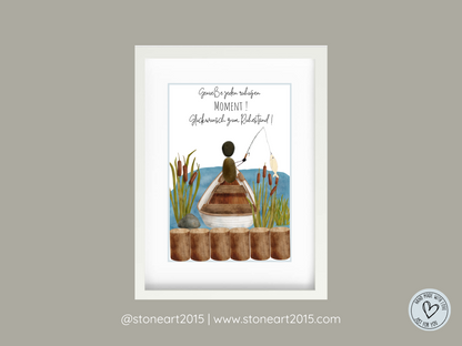 Handgemachtes Steinbild zum Ruhestand für Angler – mit Spruch Genieße jeden ruhigen Moment