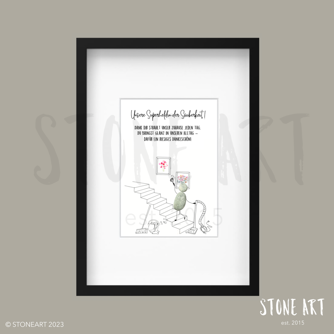 Handgemachtes Steinbild mit dem Spruch „Unsere Superheldin der Sauberkeit“ – humorvolles und liebevolles Geschenk für Reinigungskräfte oder Hausmeister:innen.