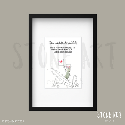 Handgemachtes Steinbild mit dem Spruch „Unsere Superheldin der Sauberkeit“ – humorvolles und liebevolles Geschenk für Reinigungskräfte oder Hausmeister:innen.