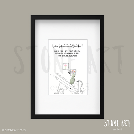 Handgemachtes Steinbild mit dem Spruch „Unsere Superheldin der Sauberkeit“ – humorvolles und liebevolles Geschenk für Reinigungskräfte oder Hausmeister:innen.