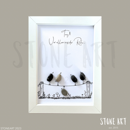 Handgemachtes Steinbild mit dem Spruch „Tanz vor allem aus der Reihe“ – inspirierendes Geschenk für mehr Mut, Lebensfreude & Individualität.