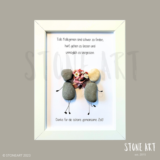 Handgemachtes Steinbild für Kolleginnen, Motiv „Tolle Kolleginnen sind schwer zu finden“ mit Natursteinen und Holzrahmen, perfektes Geschenk zum Abschied oder zur Wertschätzung
