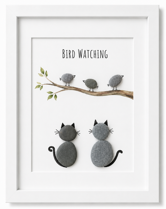 Kieselsteinbild Bird Watching, Geschenk für Vogelbeobachter, handgemachtes Steinbild