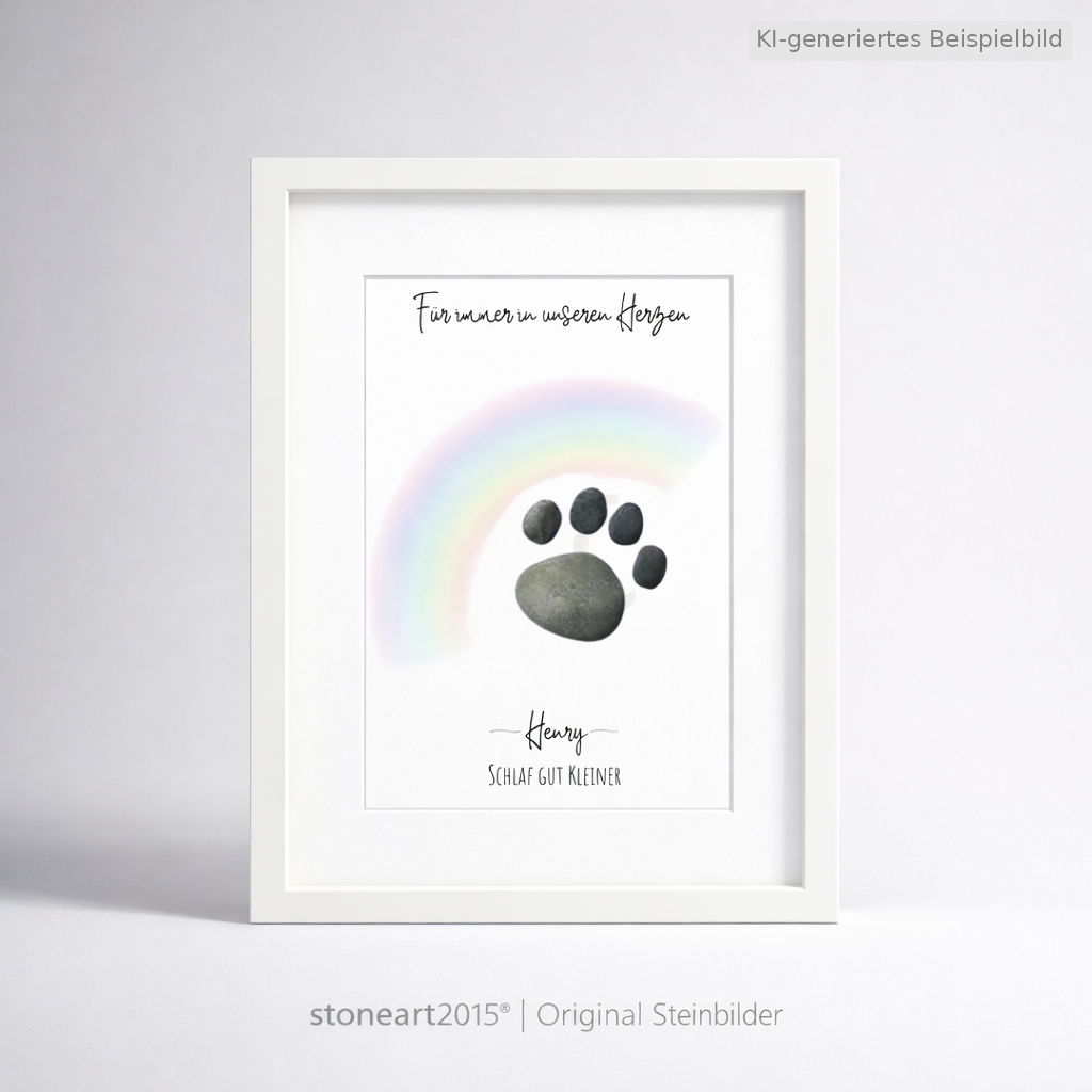 Kieselsteinbild Für immer in unseren Herzen, Geschenk zum Gedenken an das Haustier, handgemachtes Steinbild