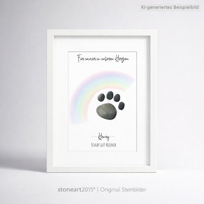Kieselsteinbild Für immer in unseren Herzen, Geschenk zum Gedenken an das Haustier, handgemachtes Steinbild