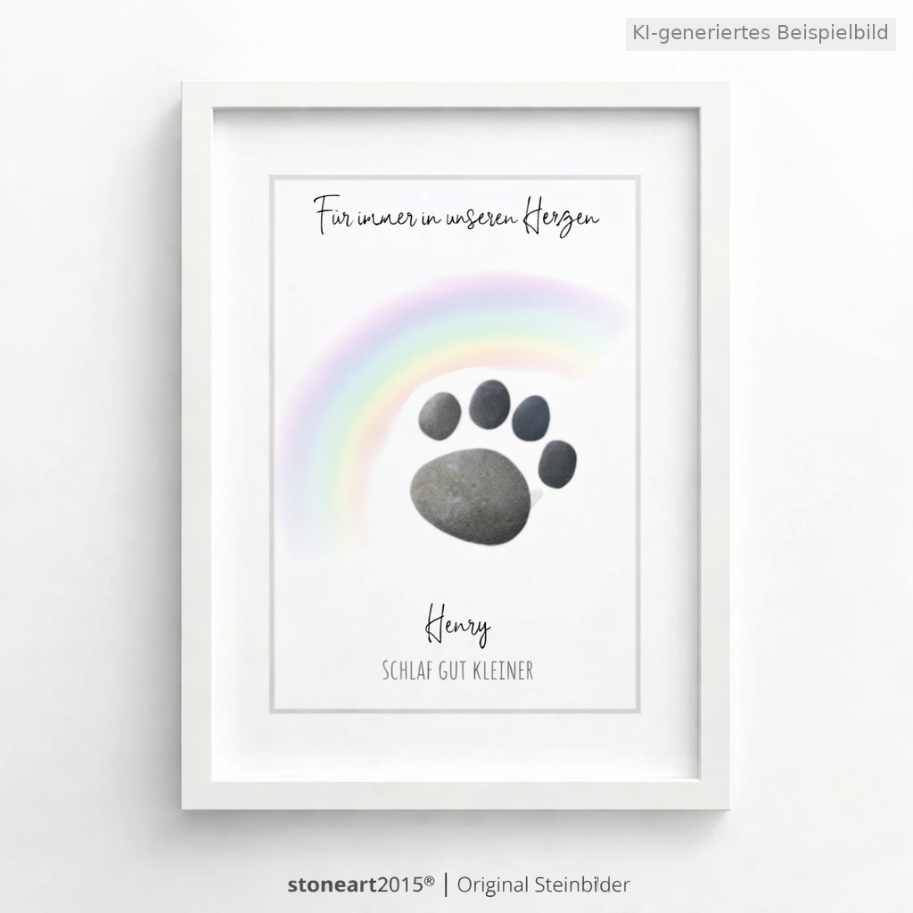 Kieselsteinbild Für immer in unseren Herzen, Geschenk zum Gedenken an das Haustier, handgemachtes Steinbild