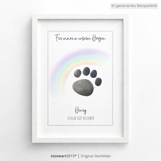 Kieselsteinbild Für immer in unseren Herzen, Geschenk zum Gedenken an das Haustier, handgemachtes Steinbild