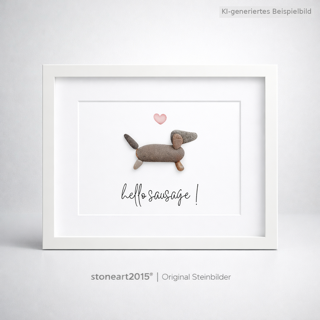 Kieselsteinbild Hello Sausage, Geschenk für Dackelfans, handgemachtes Steinbild