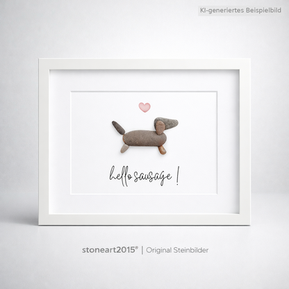 Kieselsteinbild Hello Sausage, Geschenk für Dackelfans, handgemachtes Steinbild