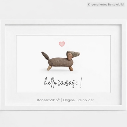 Kieselsteinbild Hello Sausage, Geschenk für Dackelfans, handgemachtes Steinbild