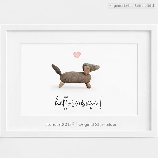 Kieselsteinbild Hello Sausage, Geschenk für Dackelfans, handgemachtes Steinbild