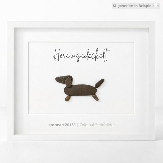 Kieselsteinbild Hereingedackelt, Geschenk für Dackelfans, handgemachtes Steinbild