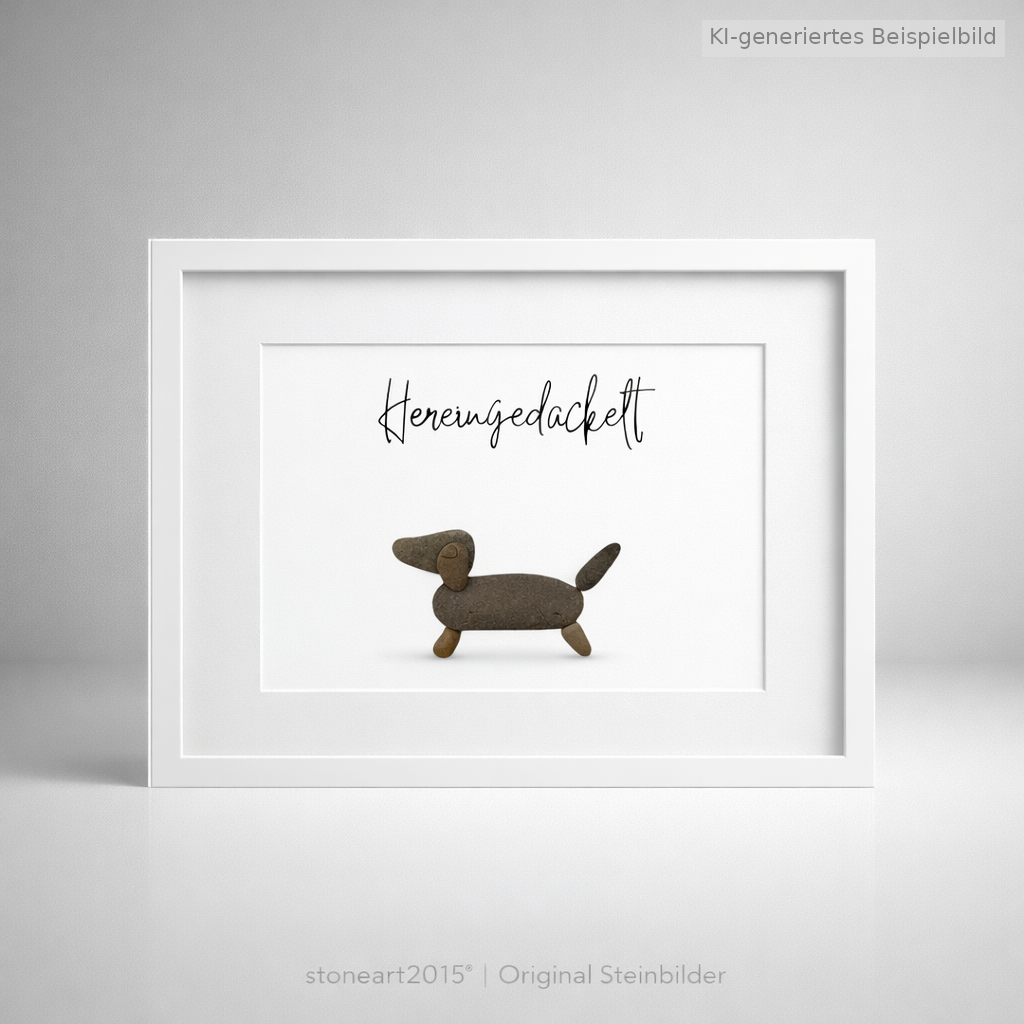 Kieselsteinbild Hereingedackelt, Geschenk für Dackelfans, handgemachtes Steinbild