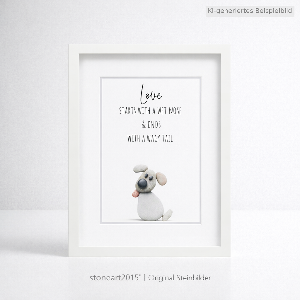 Kieselsteinbild Love starts with a wet nose, Geschenk für Hundeliebhaber, handgemachtes Steinbild