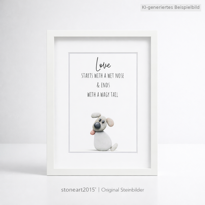 Kieselsteinbild Love starts with a wet nose, Geschenk für Hundeliebhaber, handgemachtes Steinbild