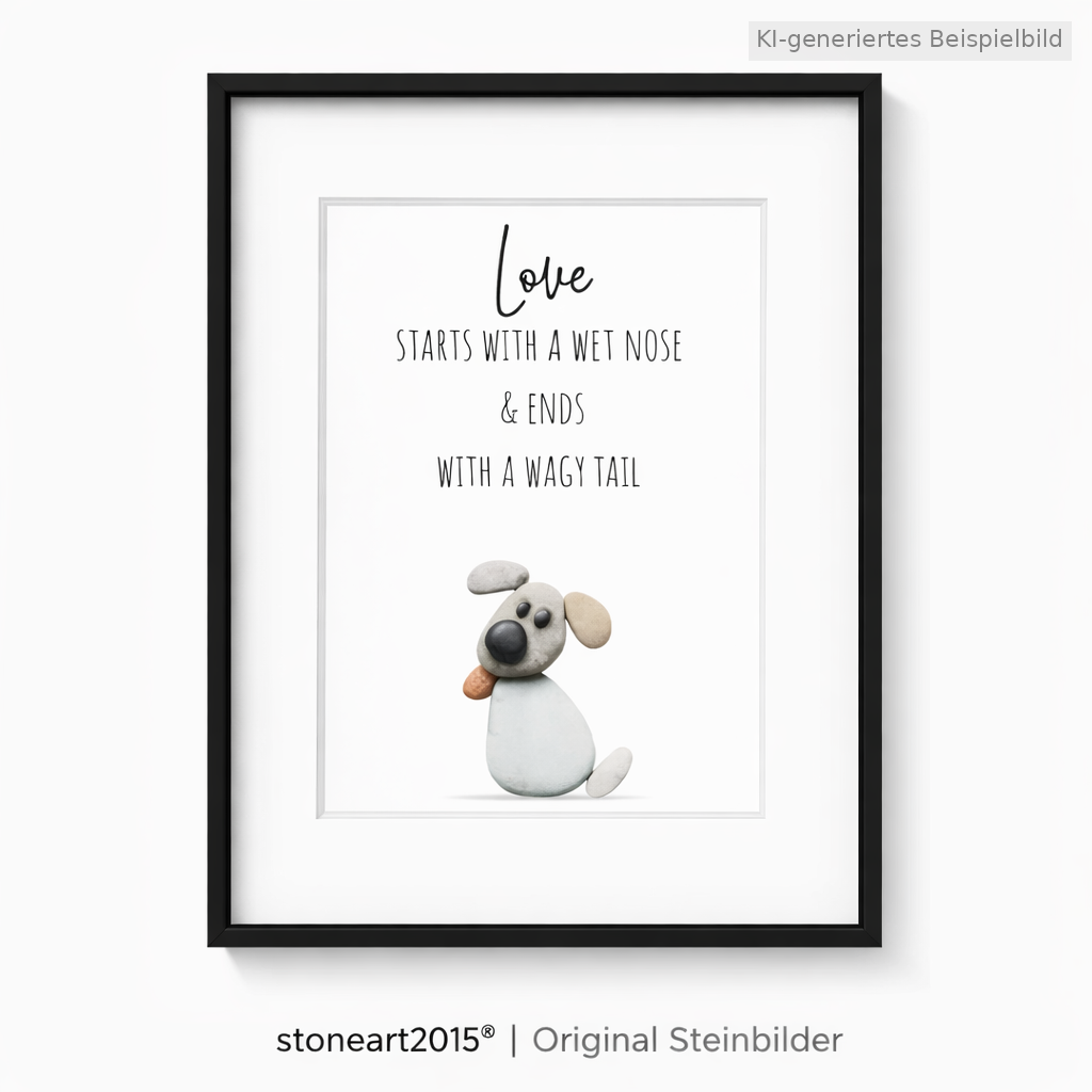 Kieselsteinbild Love starts with a wet nose, Geschenk für Hundeliebhaber, handgemachtes Steinbild