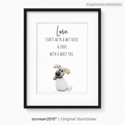 Kieselsteinbild Love starts with a wet nose, Geschenk für Hundeliebhaber, handgemachtes Steinbild