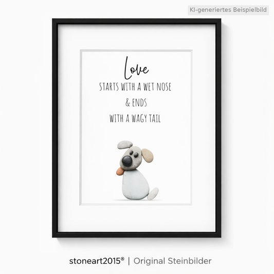 Kieselsteinbild Love starts with a wet nose, Geschenk für Hundeliebhaber, handgemachtes Steinbild