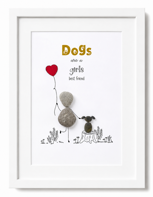 Handgefertigtes Steinbild mit dem Spruch „Dogs are a girl’s best friend“ – süße Deko und Geschenkidee für Hundefreundinnen.