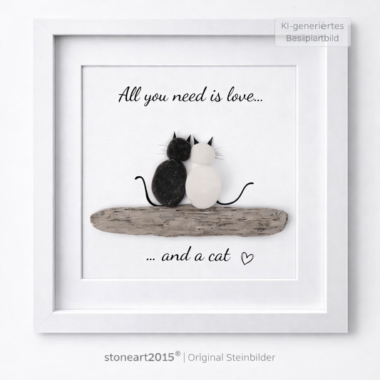 Kieselsteinbild All you need is love and a cat Treibholz, Geschenk für Katzenliebhaber, handgemachtes Steinbild