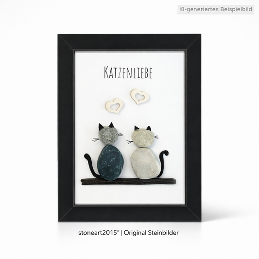 Kieselsteinbild Katzenliebe, Geschenk für Katzenliebhaber, handgemachtes Steinbild