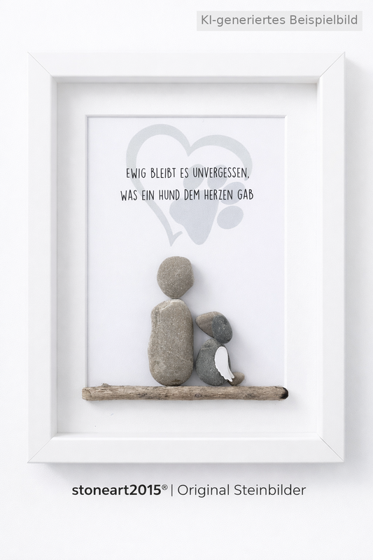 Kieselsteinbild Ewig bleibt es unvergessen was ein Hund dem Herzen gab, Geschenk zum Gedenken an den Hund, handgemachtes Steinbild