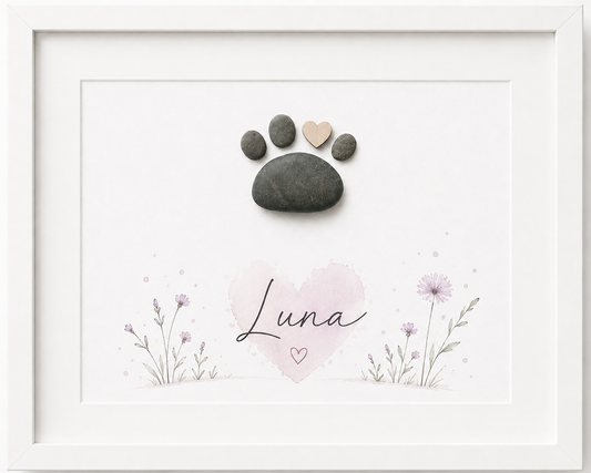 Kieselsteinbild Pfotenabdruck mit Namen – personalisiertes Geschenk für Haustierbesitzer, handgemachtes Steinbild