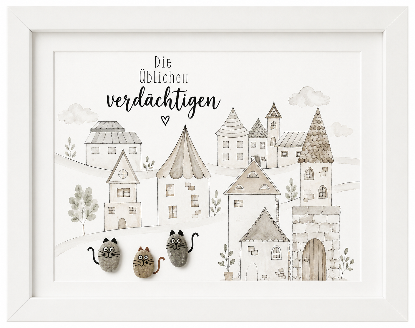 Kieselsteinbild Die üblichen Verdächtigen – Geschenk für Katzenliebhaber, handgemachtes Steinbild