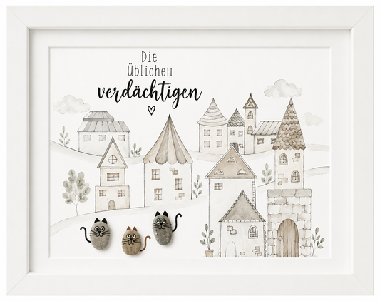 Kieselsteinbild Die üblichen Verdächtigen – Geschenk für Katzenliebhaber, handgemachtes Steinbild