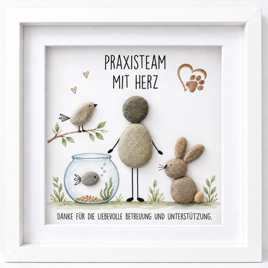 Kieselsteinbild Praxisteam mit Herz – Danke für die liebevolle Betreuung und Unterstützung – Geschenk für die Tierarztpraxis, handgemachtes Steinbild