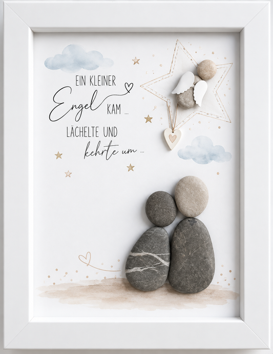 Kieselsteinbild Elternpaar mit Engelsstern „Ein kleiner Engel kam ... lächelte und kehrte um ..." – Trauergeschenk Sternenkind, handgemachtes Steinbild