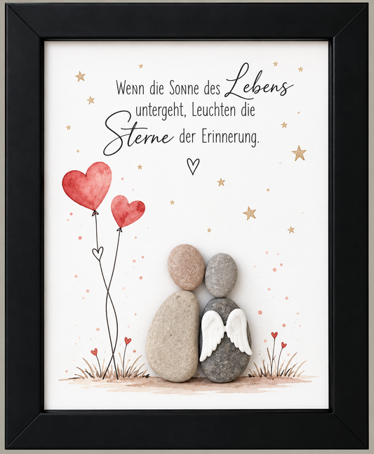Kieselsteinbild Paar mit Engelsflügeln „Wenn die Sonne des Lebens untergeht, leuchten die Sterne der Erinnerung" – persönliches Trauergeschenk, handgemachtes Steinbild