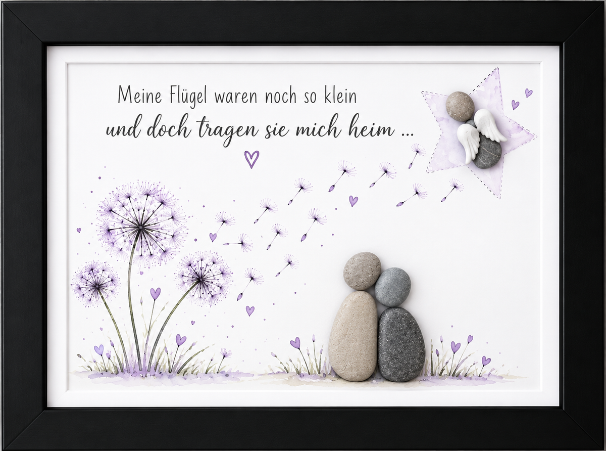 Kieselsteinbild Elternpaar mit Engelsstern „Meine Flügel waren noch so klein und doch tragen sie mich heim" – Trauergeschenk Sternenkind, handgemachtes Steinbild