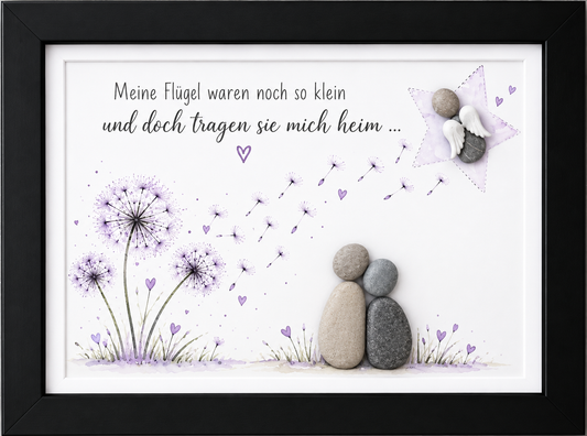 Kieselsteinbild Elternpaar mit Engelsstern „Meine Flügel waren noch so klein und doch tragen sie mich heim" – Trauergeschenk Sternenkind, handgemachtes Steinbild