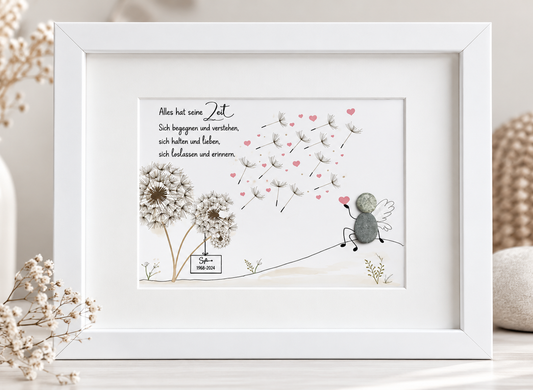 Kieselsteinbild Engel mit Pusteblumen und Herzen „Alles hat seine Zeit – sich begegnen und verstehen, sich halten und lieben, sich loslassen und erinnern" – personalisierbares Trauergeschenk, handgemachtes Steinbild