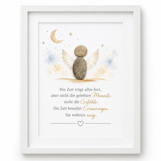 Kieselsteinbild Steinengel mit Flügeln unter Mond und Sternen „Die Zeit trägt alles fort, aber nicht die gelebten Momente, nicht die Gefühle. Die Zeit bewahrt Erinnerungen. Sie währen ewig.“ – Trauergeschenk, handgemachtes Steinbild