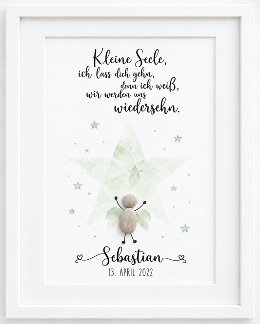 Kieselsteinbild Kieselstein-Engel vor grünem Stern „Kleine Seele, ich lass dich gehn, denn ich weiß, wir werden uns wiedersehn.“ – Trauergeschenk Sternenkind, handgemachtes Steinbild