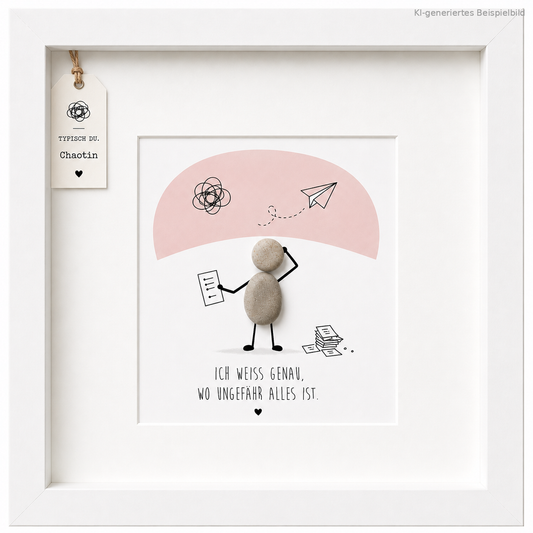 Kieselsteinbild Ich weiß genau, wo ungefähr alles ist – Geschenk für Chaotin, handgemachtes Steinbild