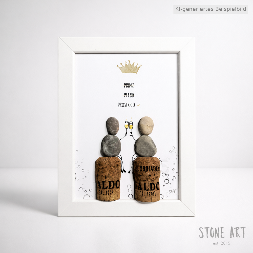 Kieselsteinbild Prinz Pferd Prosecco – witziges Prosecco Geschenk, handgemachtes Steinbild